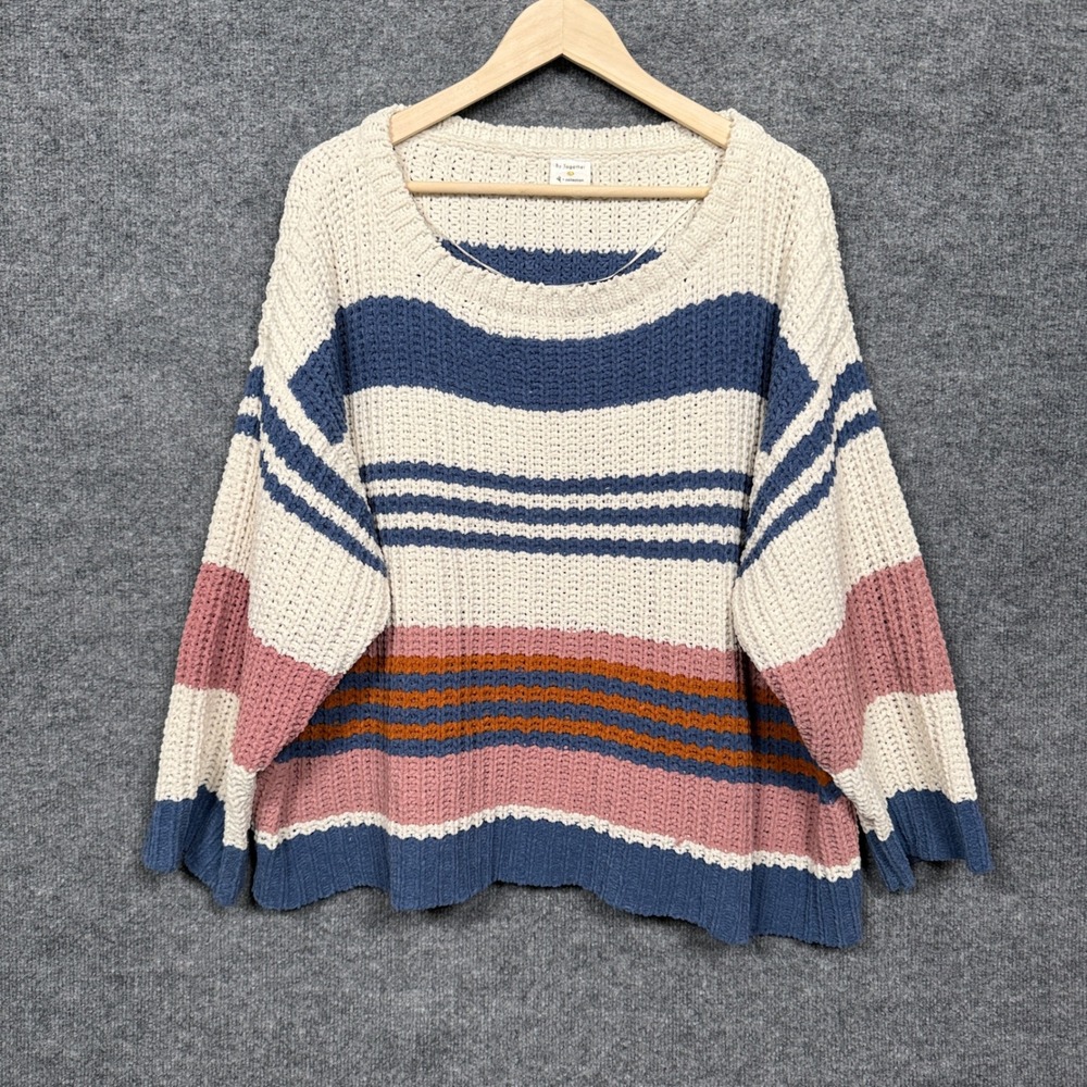 Together Collection Medium Sweater Top White Blue Striped Chunky Crochet Cozy